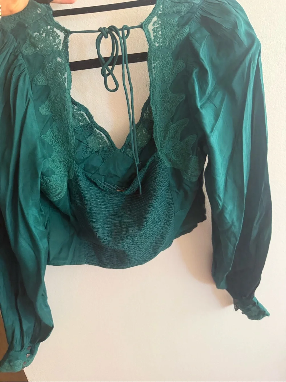 Free People Teal Lace-Trim V-Neck Blouse